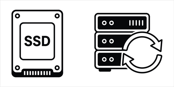 Ssd hard drive and server backup line art vector icons with data recovery