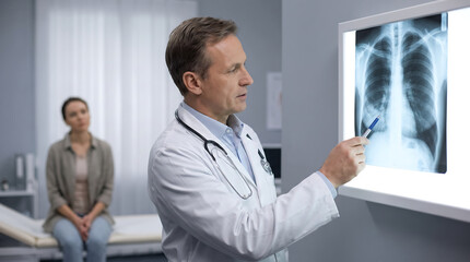 Fototapeta premium Doctor examining chest X-ray image on medical display with patient in background, representing radiology diagnosis, healthcare technology, medical imaging, and professional treatment.