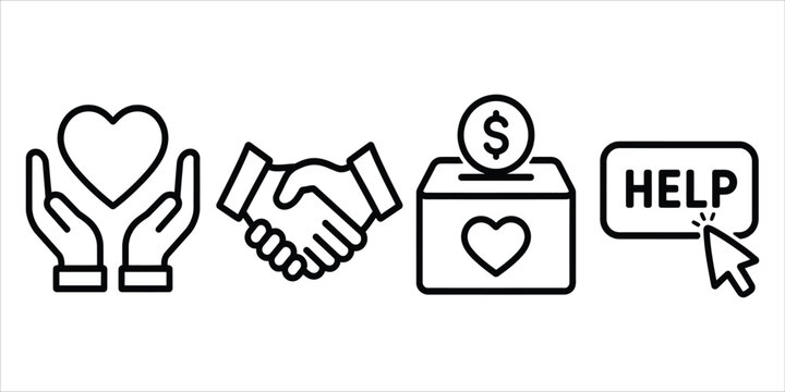 Set of black and white vector icons illustrating charity hand support handshake
