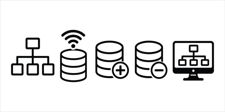 Set of black and white vector outline icons depicting database management
