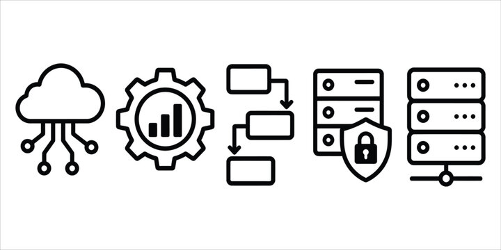 Set of black and white vector outline icons showing cloud computing and secure