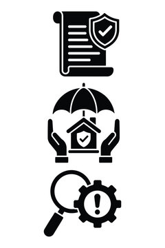 Legal document compliance house insurance umbrella and troubleshooting gear icons