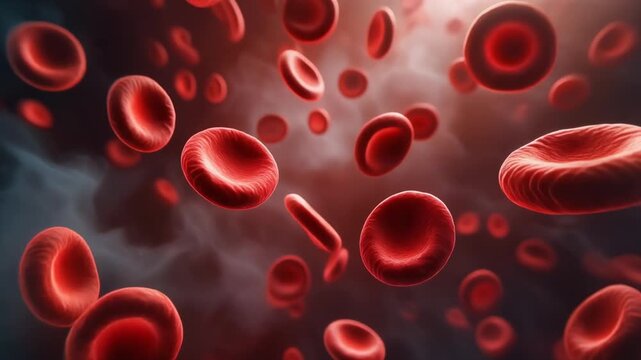 Cinematic 3D animation of red blood cells flowing through a human vein, microscopic medical visualization for healthcare and science.