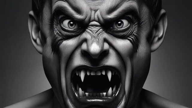 Cinematic close up of a scary distorted male face with fangs growling in dark shadow for a horror movie atmosphere.