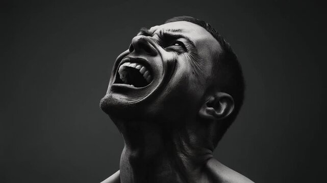 Surreal monochrome video portrait of a man screaming in agony with distorted features and intense dramatic lighting