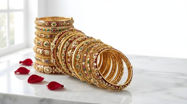 Elegant Set of Traditional Gold Plated Bangles with Multicolored Gemstones for Bridal Jewelry