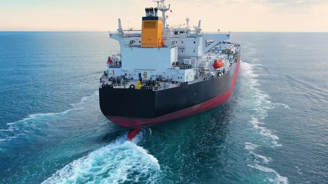 Crude oil tanker sailing through open sea with visible stern wake and propeller wash during calm weather