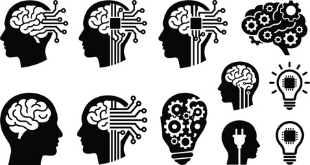 Fototapeta premium Artificial intelligence and human brain vector icon set featuring technology microchip circuits gear mechanisms lightbulbs and human head silhouettes