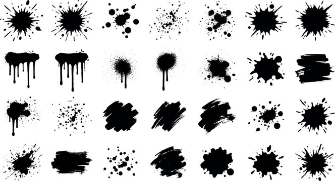 Black ink splatter and grunge paint drip vector mega set featuring messy liquid drops spray splats and textured brush blots