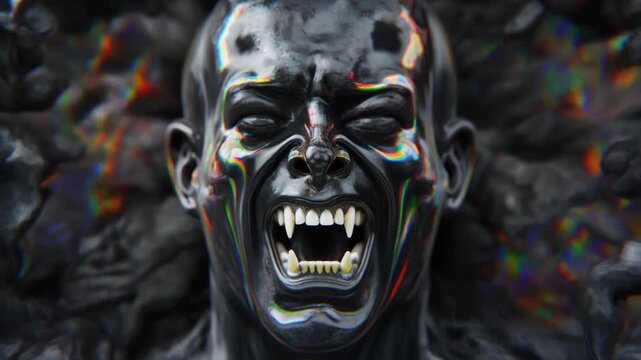 Cinematic macro video of a menacing monster face with fangs emerging from a dark rippling iridescent black oil liquid surface.