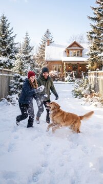 Couple playing snowball fight with dog in snowy yard with house