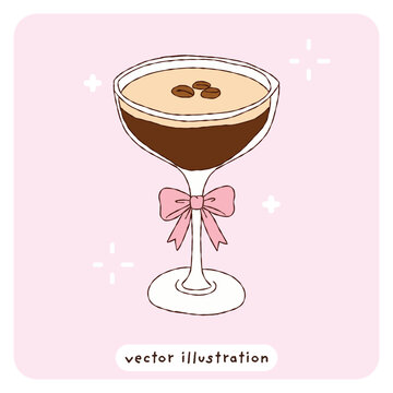 Cute espresso martini cocktail vector illustration with pink bow and coffee beans garnish on pink background