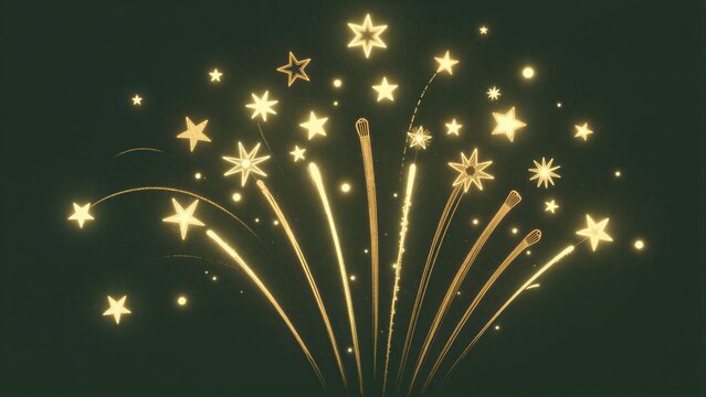 Golden fireworks bloom with stars and flowers against a dark night sky.