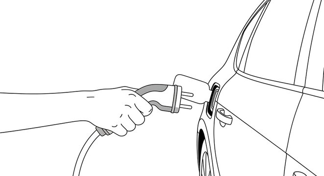 Electric car charging with cable and plug line art outline graphic