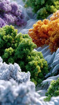 Colorful trees on a snowy landscape with green, purple, and orange hues in winter season