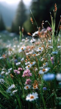 Colorful wildflowers bloom in a sunny meadow during springtime near a forest