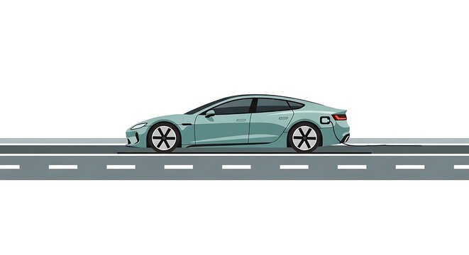 Modern electric sedan car charging on highway road profile side view