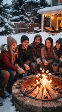 Group of friends roasting marshmallows over a fire pit in winter