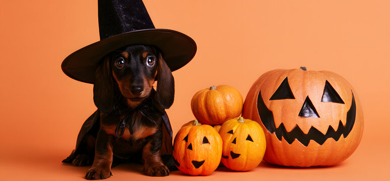 dachshund puppy dressed in a Halloween witch costume, wearing a jack-o'lantern-shaped hat, set against an orange background with extra space for text