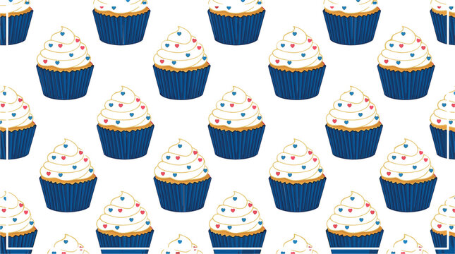 Cupcake and Sweet Dessert Seamless Pattern featuring Blue Liners and White Frosting with Heart Sprinkles for Birthday Party Graphic Designs