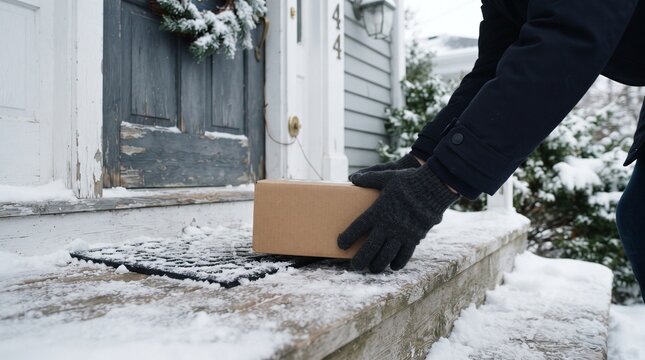 Hands placing a package on a snowy doorstep during winter