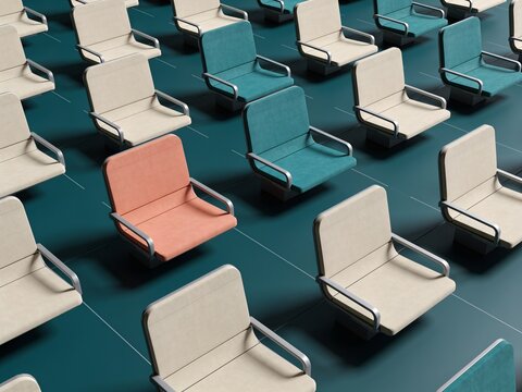 Seats arranged in rows, in indoor space with tiled floor, with seats, tiled floor, from a top-down perspective perspective