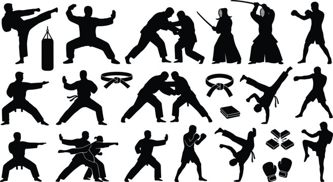 Martial arts fighters silhouettes set featuring karate kick boxing judo capoeira kendo kung fu combat sports actions poses moves gear and black belts
