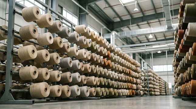 Rows of neatly stacked yarn spools in a modern textile manufacturing facility, showcasing the organized process of industrial fabric production and material storage