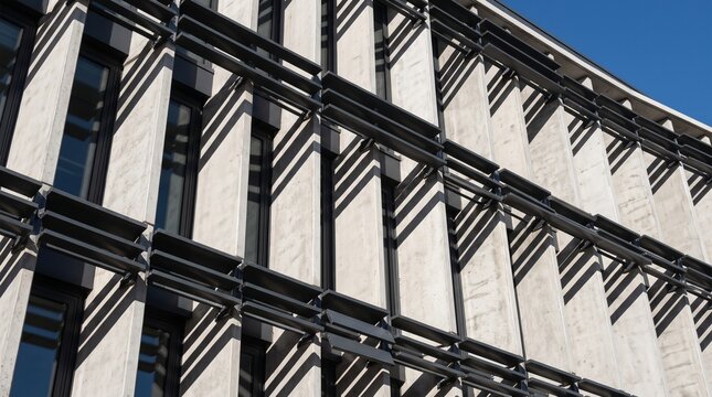 Modern architectural building facade with exposed concrete, horizontal louvers sunshades, vertical windows, and clear blue sky