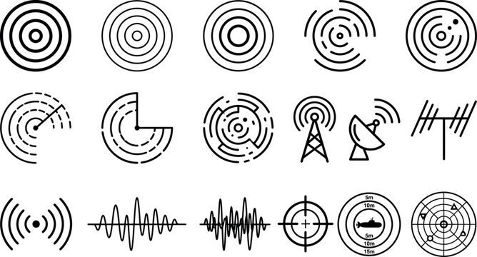 Radar screen sonar signal waves and satellite telecommunication antenna line icons vector set featuring target crosshairs radio towers and frequency frequencies