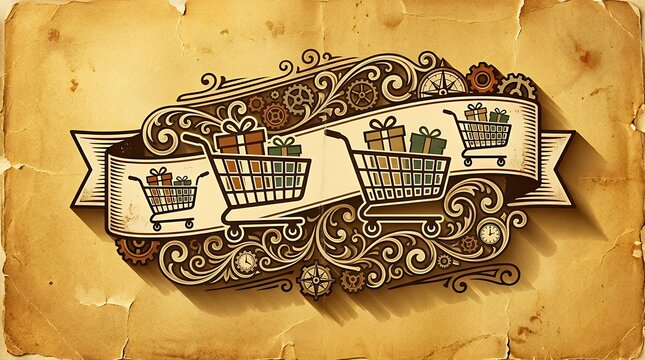 Retro style online shopping collection text banner with long shadow effect on aged textured golden paper background click collect retail shopping store order buy online e-commerce delivery service
