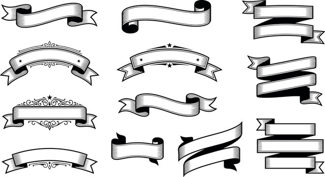 Vintage hand drawn ribbon banners and blank banner scrolls vector set featuring retro engraving sketch style frames lines and decorative text banners