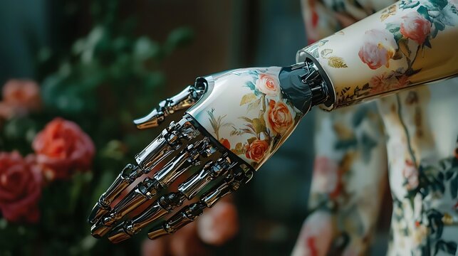 A sophisticated floral-patterned robotic prosthetic hand showcasing the elegant intersection of advanced biomedical engineering and modern fashion