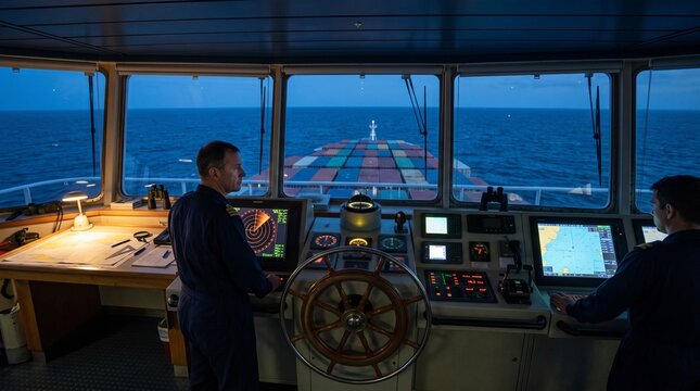 Ship bridge wheelhouse interior at dusk with officers navigating cargo container ship with radar, steering wheel, and open sea view