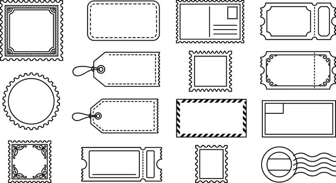 Vintage postage stamp and ticket outline vector icon set featuring blank price tags postcards envelopes and retro postal cancellation marks