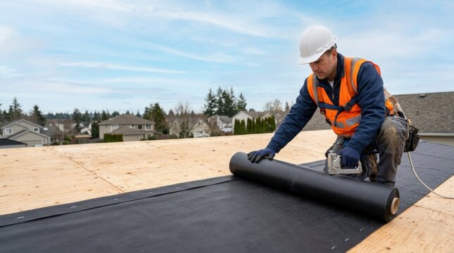 Construction worker wearing white hard hat and orange vest staples waterproof membrane to wooden roof deck for house.
