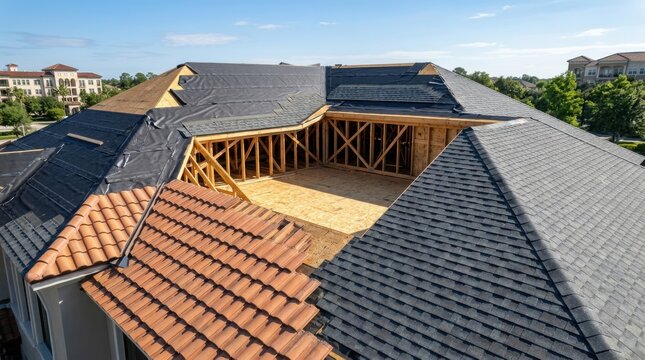 Modern residential building showing diverse roof sections under construction with asphalt shingles and clay tiles.