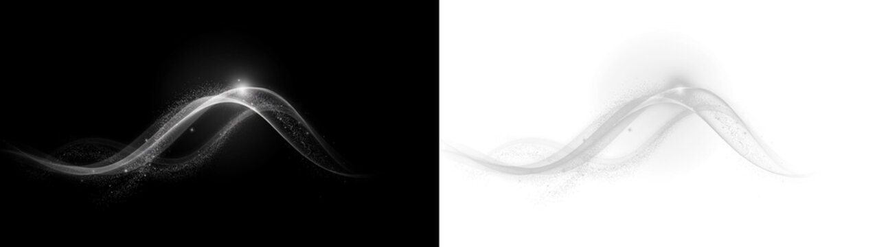 Abstract silver wave with glitter particles and light glow effect, flowing dynamic lines isolated on transparent background