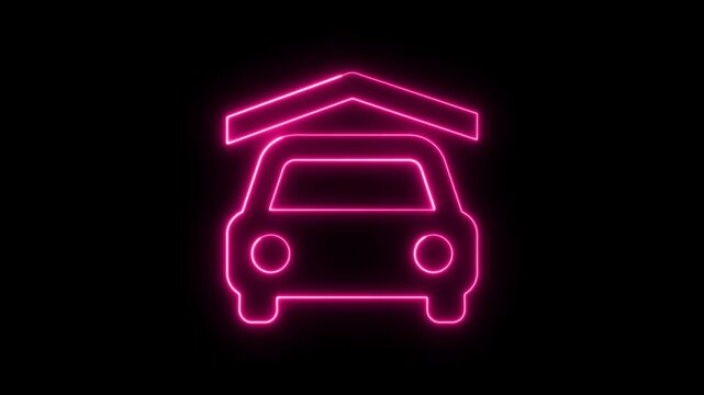 Glowing pink neon car inside a garage icon on a dark background.