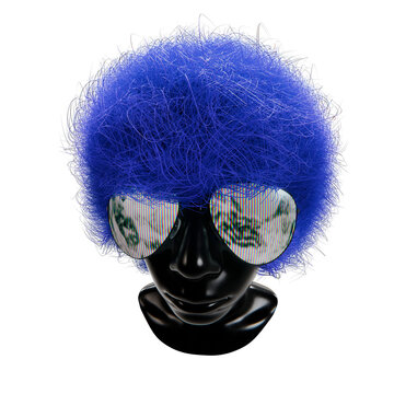 3d mannequin head with colourful afro hairstyle and glasses, transparent background