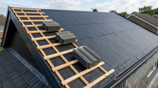 Roof construction process featuring dark waterproof membrane and wooden battens prepared for installing clay roof tiles.