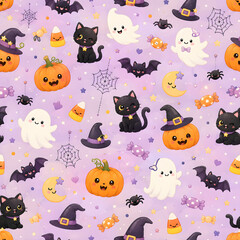Fototapeta premium Cute Halloween Seamless Pattern with Playful Spooky Elements