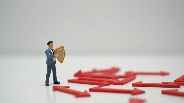 降り注ぐ矢を盾で防ぐビジネスマン