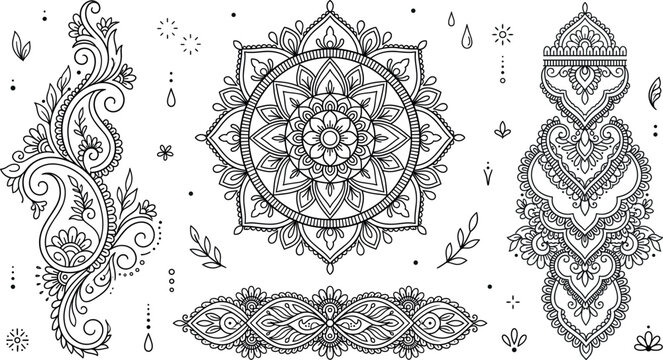 Hand drawn mehndi decorative elements set with mandala paisley and floral borders line art isolated on white background