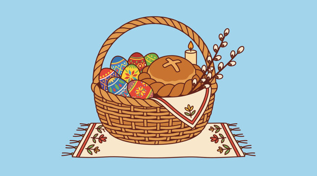 Slavic painted egg and bread basket presented as easter blessing basket, colorful clipart