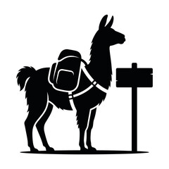 Naklejka premium Llama with hiking backpack standing next to signpost silhouette