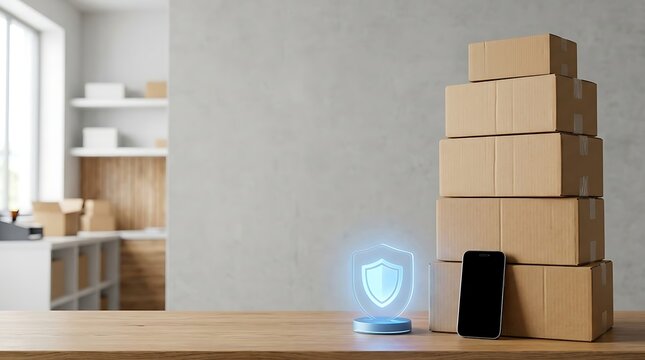 Smartphone with a digital security shield icon next to a stack of cardboard delivery boxes, perfect for insurance template.