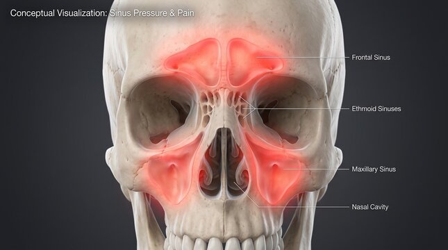 Sinus Pressure Anatomy Visualization Detailing Frontal Ethmoid and Maxillary Sinus Inflammation for Medical