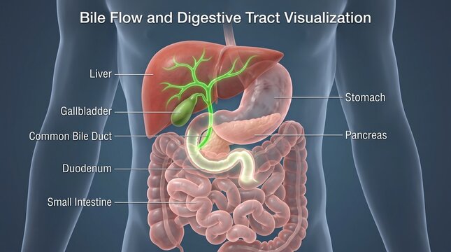 Bile Flow in Human Digestive System Showing Liver Gallbladder and Duct Anatomy for Medical Education