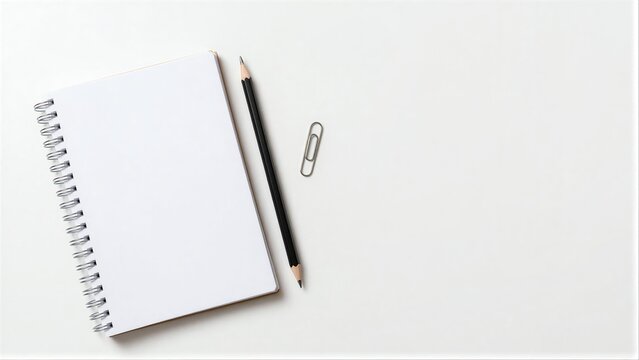 Blank notebook, pencil, and paper clips on clean white surface.